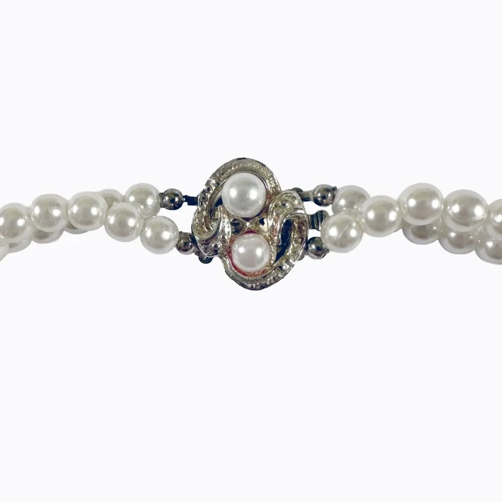 Vtg Double-Strand Pearl Necklace Choker Rhinestone Pendant Victorian Edwardian
